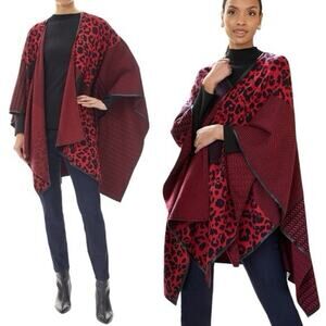 Ming Wang Red Black Leopard Print Knit Hope Wrap Sweater Shawl One Size Cape